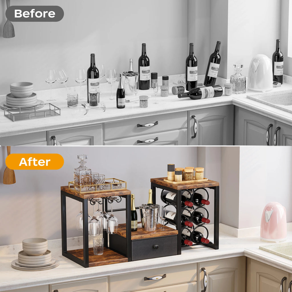 Rustic Wooden Wine Rack with Glass Holder Countertop Wine Rack Wooden Wine Holder with Tray for Home Decor Kitchen Storage