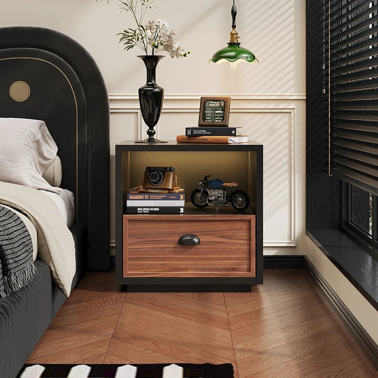 Luxury Steel Bedside Table with LED Light and Wireless Charging Modern Nightstand with Drawer for Apartment Bedroom