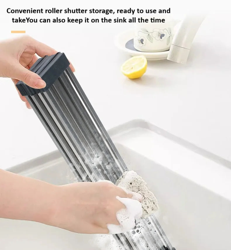 High Quality Multifunction Stainless Steel Roll up Silicone Dish Drying Rack Kitchen Storage Holder & Rack