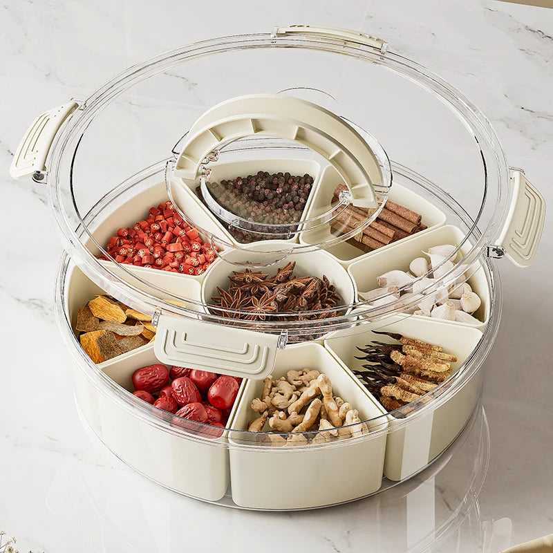 Modern Round Divided Snack Box Container with Portable Lid Handle Fresh Keeping Plastic Food Storage Tray for Snacks Beverages
