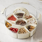 Modern Round Divided Snack Box Container with Portable Lid Handle Fresh Keeping Plastic Food Storage Tray for Snacks Beverages
