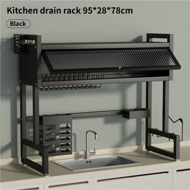 Over the Sink Dish Drying Rack Dish Drainer Racks with Dust-proof Cabinet Door Space-Saving Kitchen Organizer for Dishes