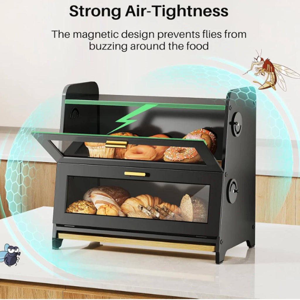 Wood Bread Box - Kitchen Countertop Bread Storage Container with Bamboo Cutting Board, Adjustable Vent Hole Dials, Black