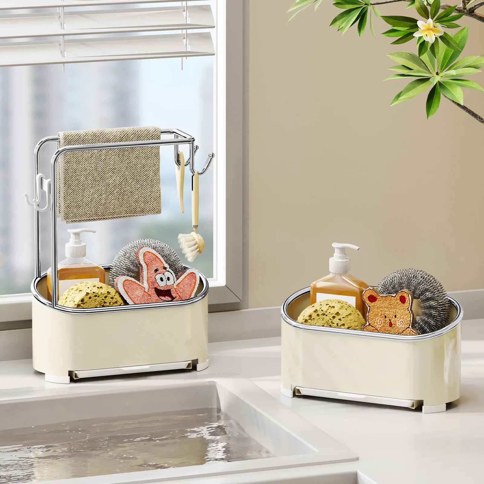 Kitchen Cloth and Towel Drying Rack Punch-free Wall-mounted Storage with Dishcloth Tray and Sink Storage