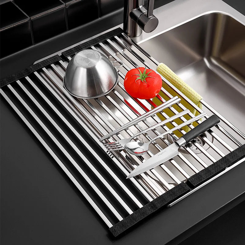 High Quality Multifunction Stainless Steel Roll up Silicone Dish Drying Rack Kitchen Storage Holder & Rack