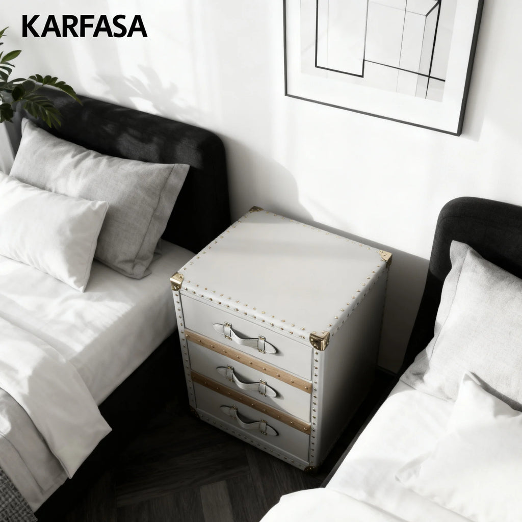 Industrial Side Cabinet Bedside Table 3 Drawers Leather Storage Box Stylish Golden Mushroom Nail Design for Home Bar Bedroom