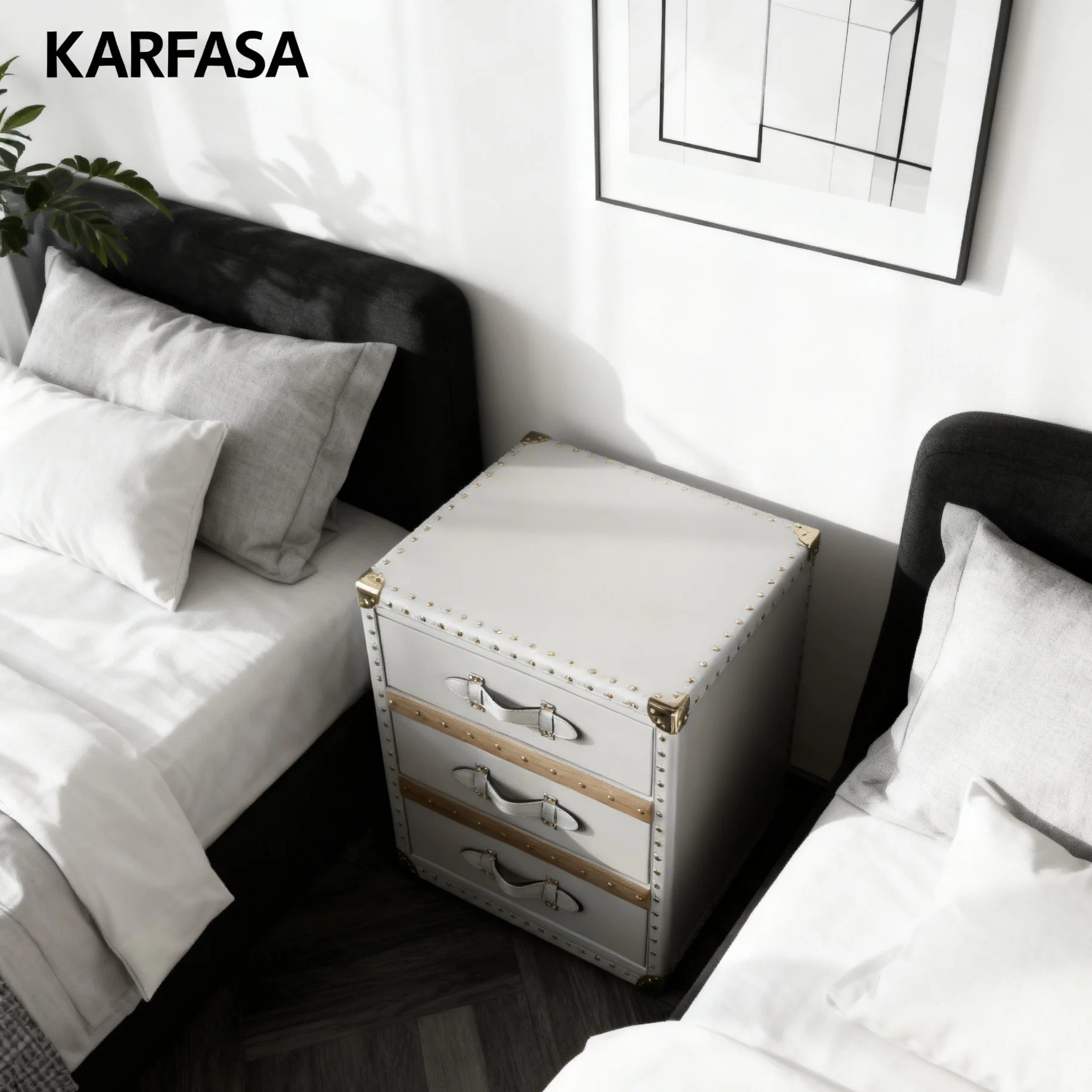 Industrial Side Cabinet Bedside Table 3 Drawers Leather Storage Box Stylish Golden Mushroom Nail Design for Home Bar Bedroom