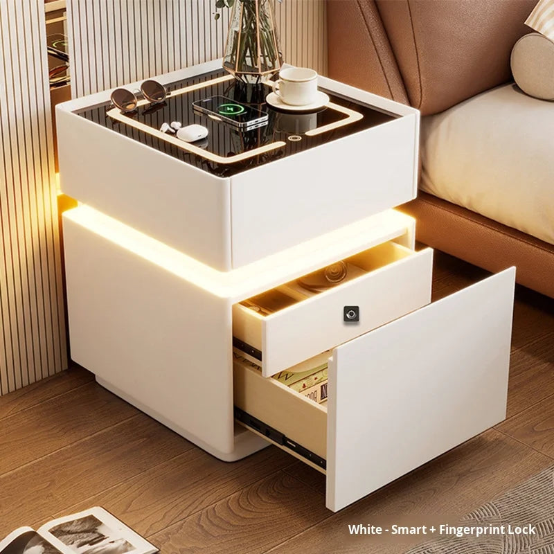 Modern Sleek Solid Wood Smart Nightstand Modern Floating Wood Leather Bedside Table with Fingerprint Lock Bedroom Furniture