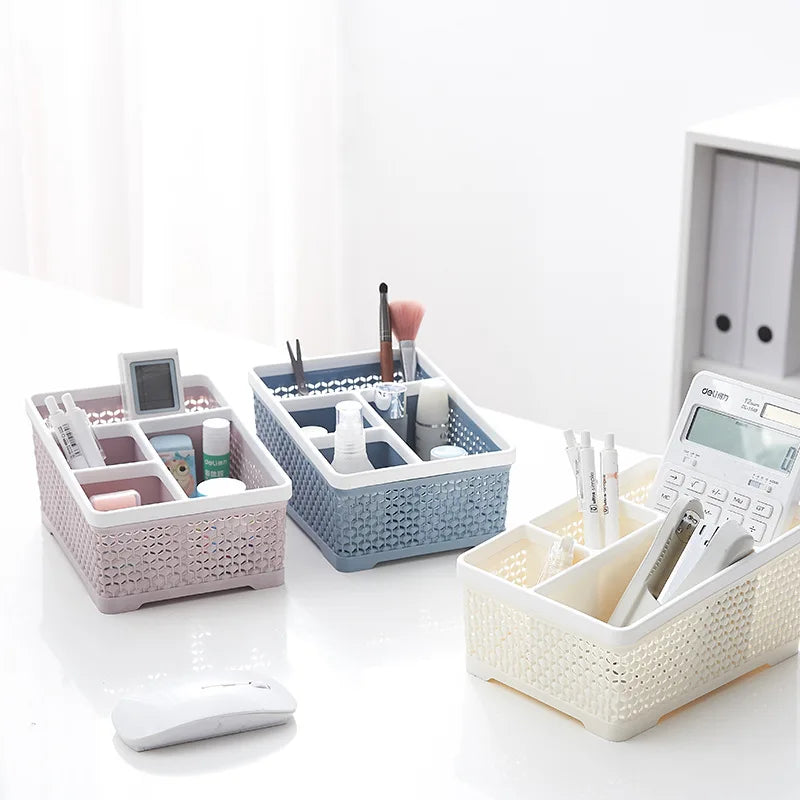 Imitation Rattan Multi-Compartment Storage Box for Cosmetics Skincare Remote Control Desktop Organization Model 9100