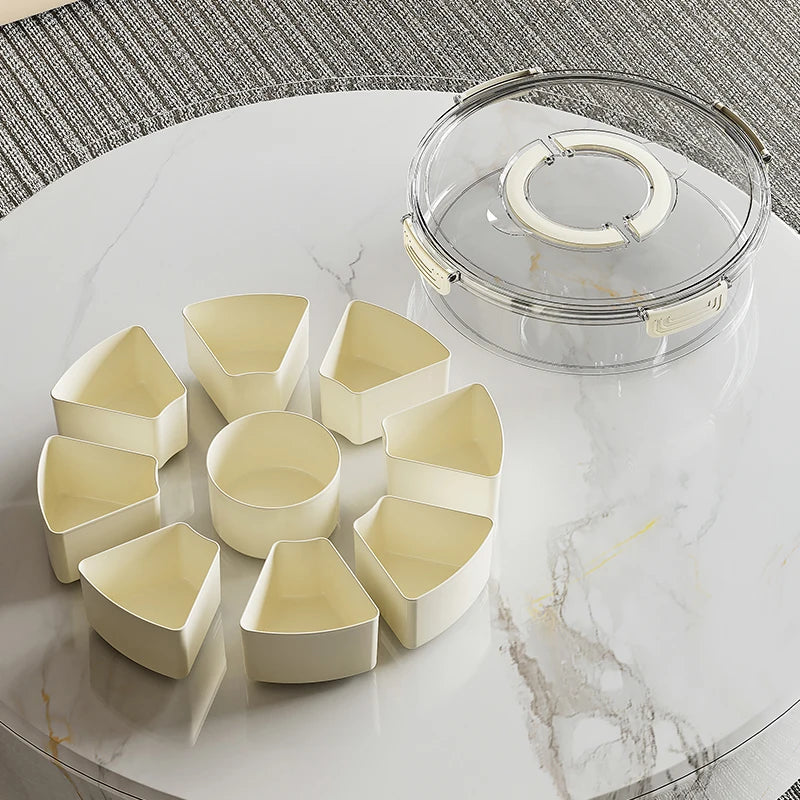 Modern Round Divided Snack Box Container with Portable Lid Handle Fresh Keeping Plastic Food Storage Tray for Snacks Beverages