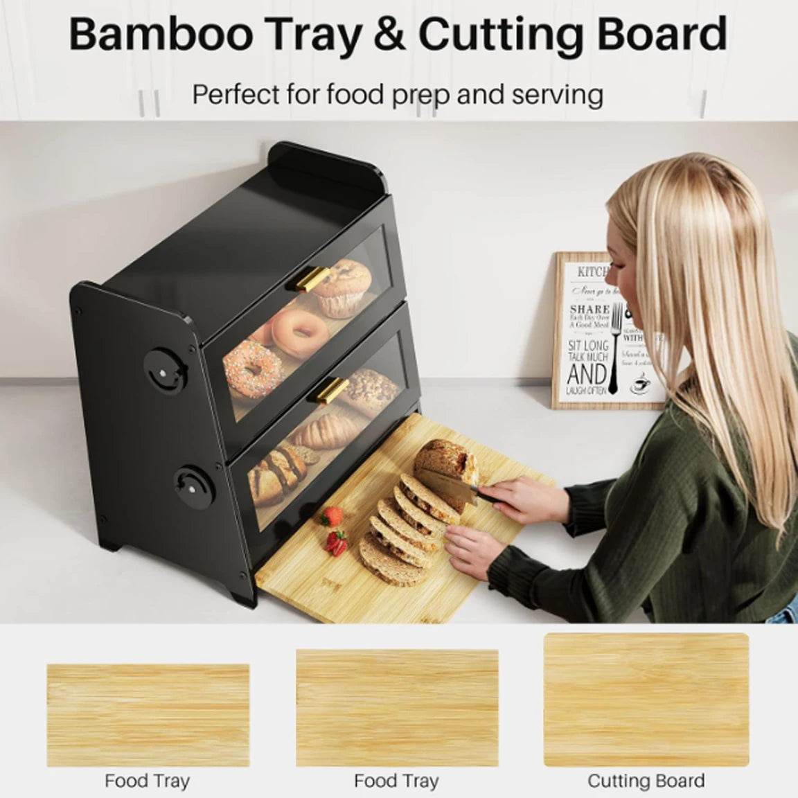 Wood Bread Box - Kitchen Countertop Bread Storage Container with Bamboo Cutting Board, Adjustable Vent Hole Dials, Black