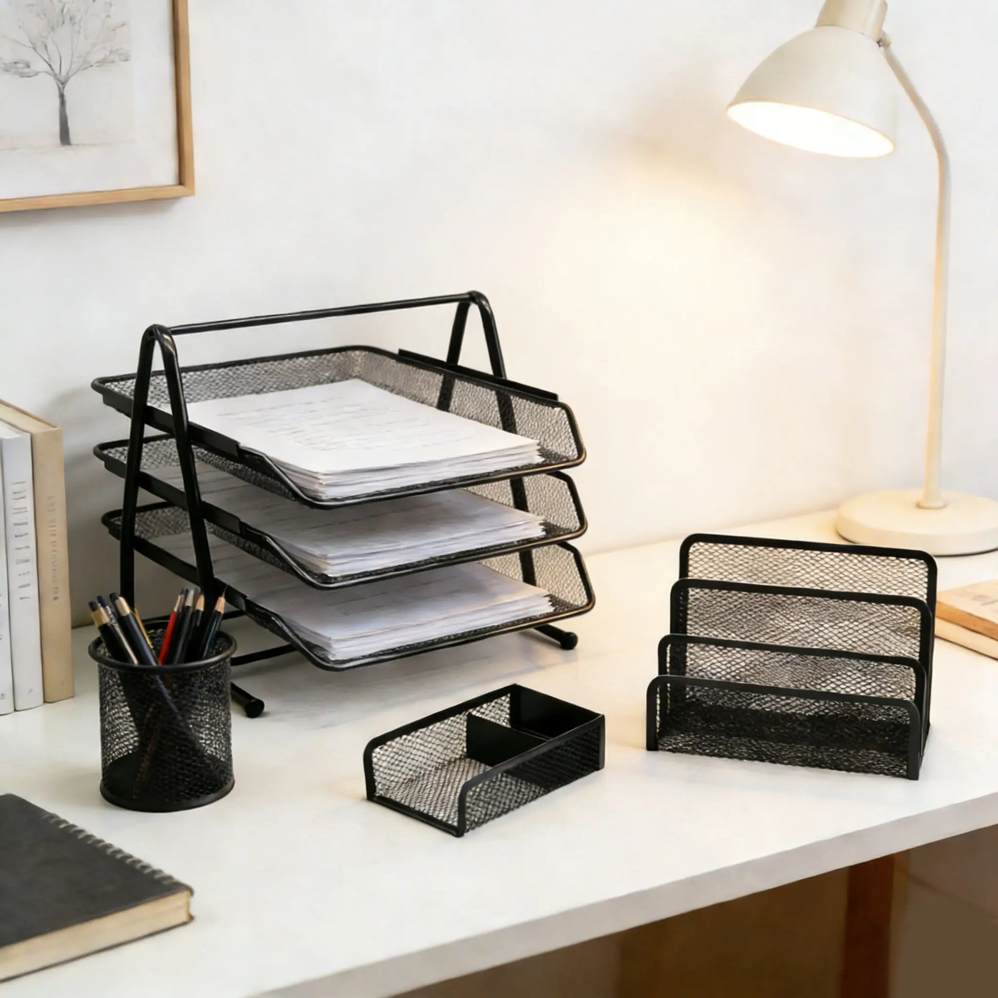 Multi-Functional Office Desk Organizer Iron Mesh Design with Pen Holder Desktop File Storage Boxes Bins for Stationary