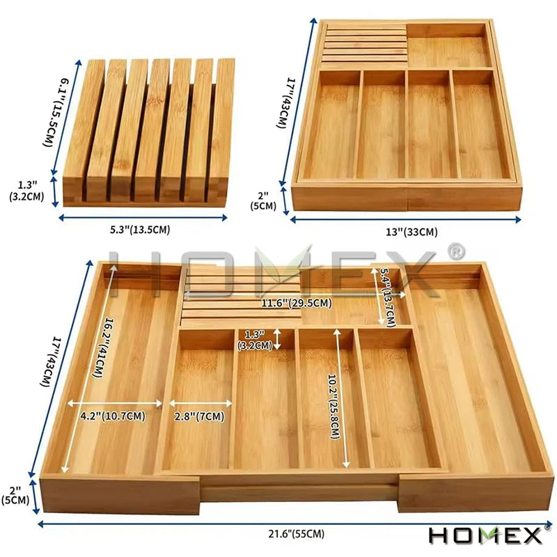 Homex| Ready to Ship Natural Bamboo Drawer Organizer Cutlery Storage Tray Kitchen Cutlery Organizer with Knife Holder