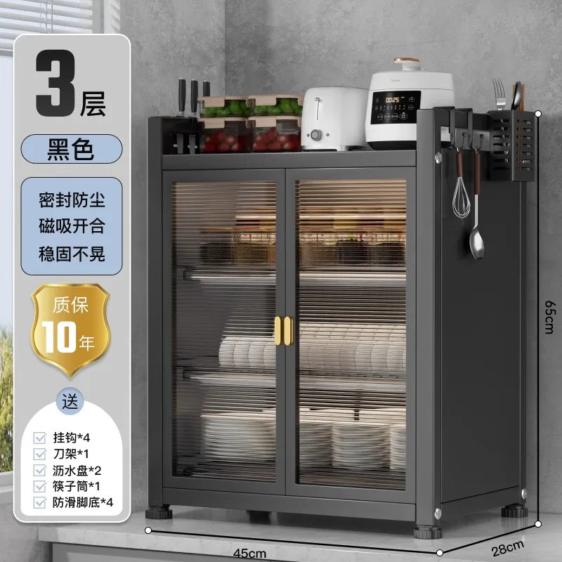 Three Layer Large Capacity Kitchen Steel Storage Holders Storage Shelf Dustproof Kitchen Storage Cabinet With Doors