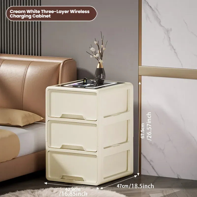 Nightstand Table Fingerprint Unlock Modern Smart Bedside Side Table Black With Wireless Charger Station