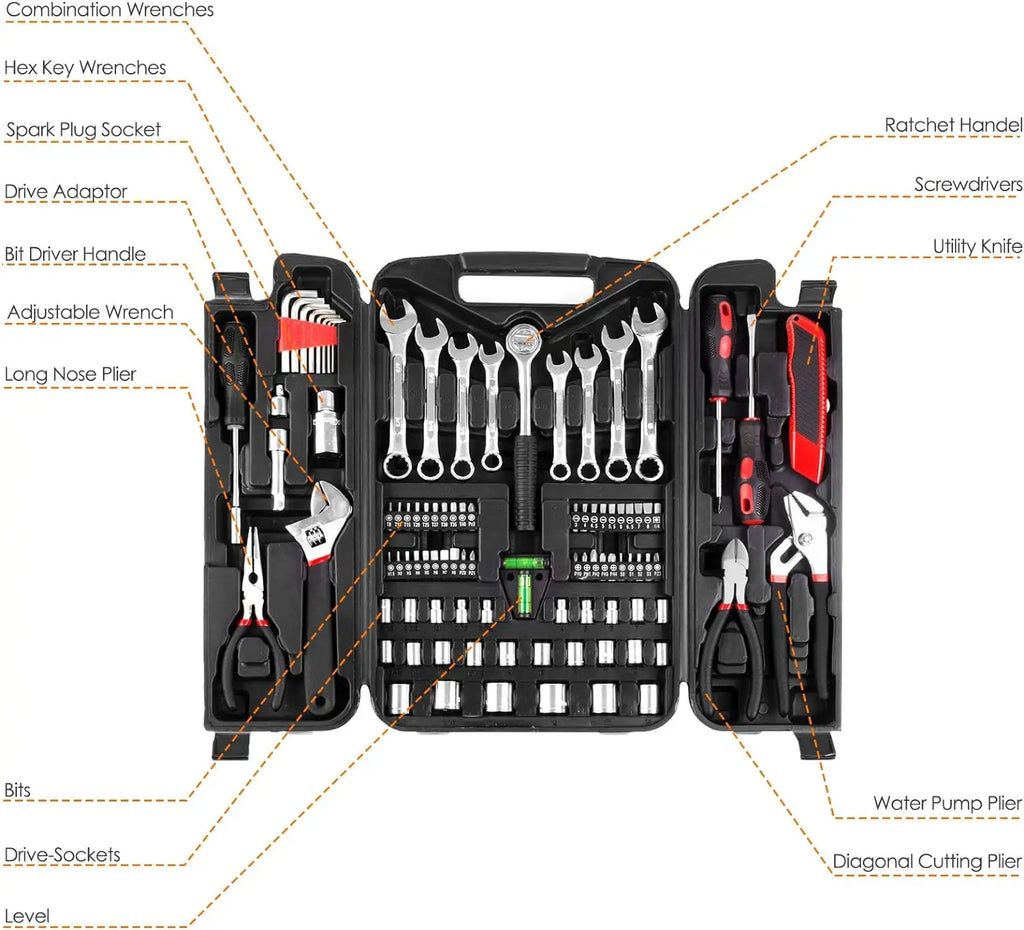 Auto Repair Mechanics Tool Set CRV 95-Piece Multifunctional Portable Tool Kit Plastic Toolbox for House Apartment Garage