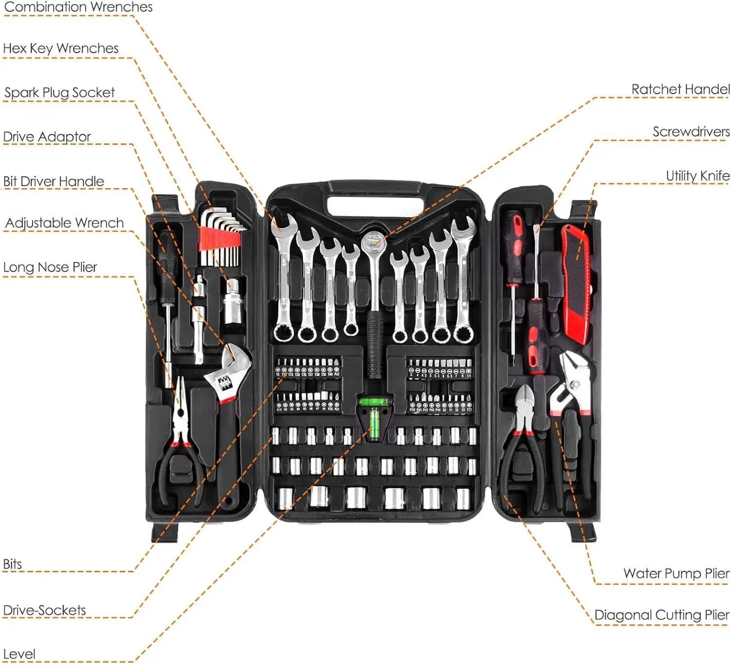 Auto Repair Mechanics Tool Set CRV 95-Piece Multifunctional Portable Tool Kit Plastic Toolbox for House Apartment Garage