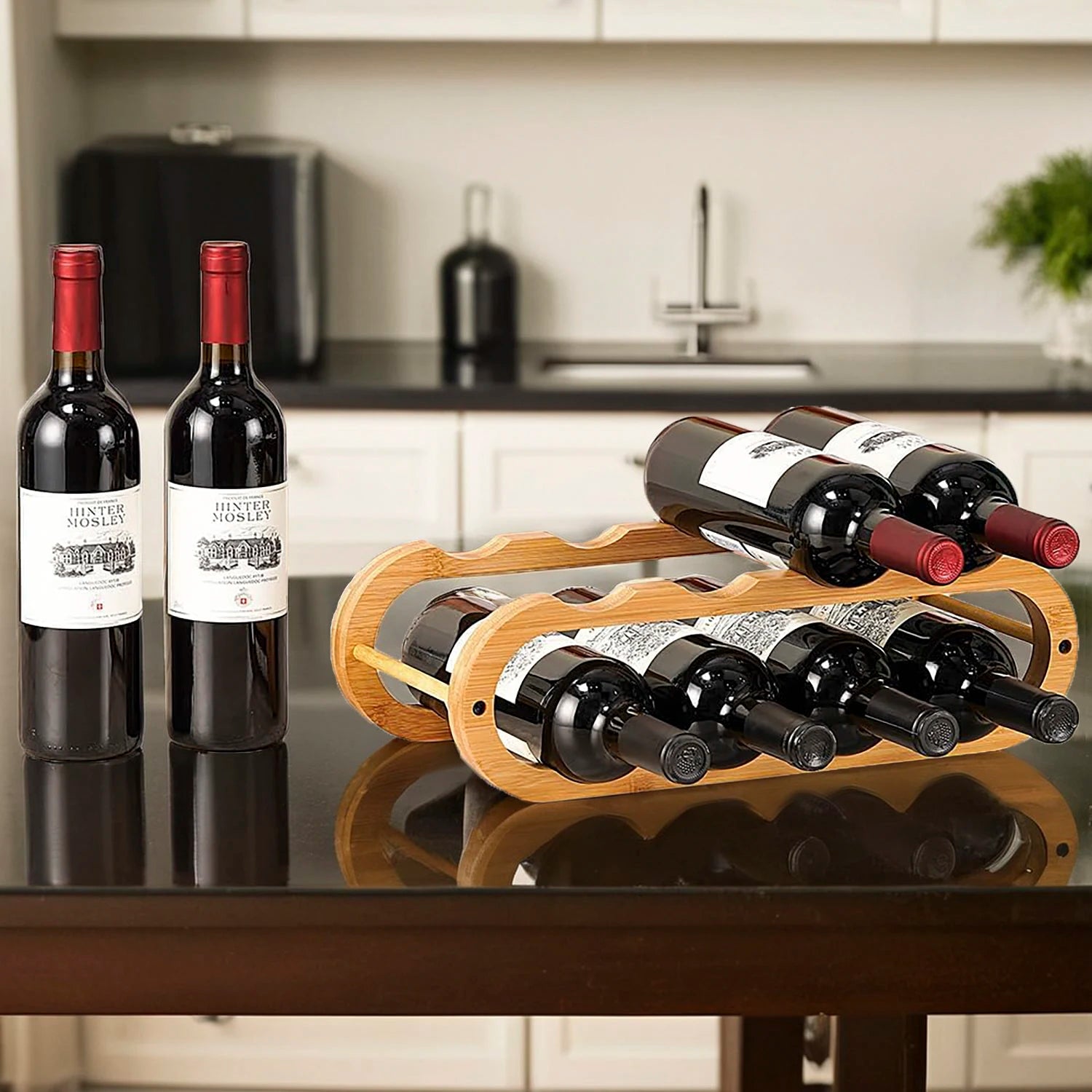 Bamboo Double Tier Kitchen Countertop & Cabinet Organizer Rack for Wine and Water Bottles Storage in Living Room