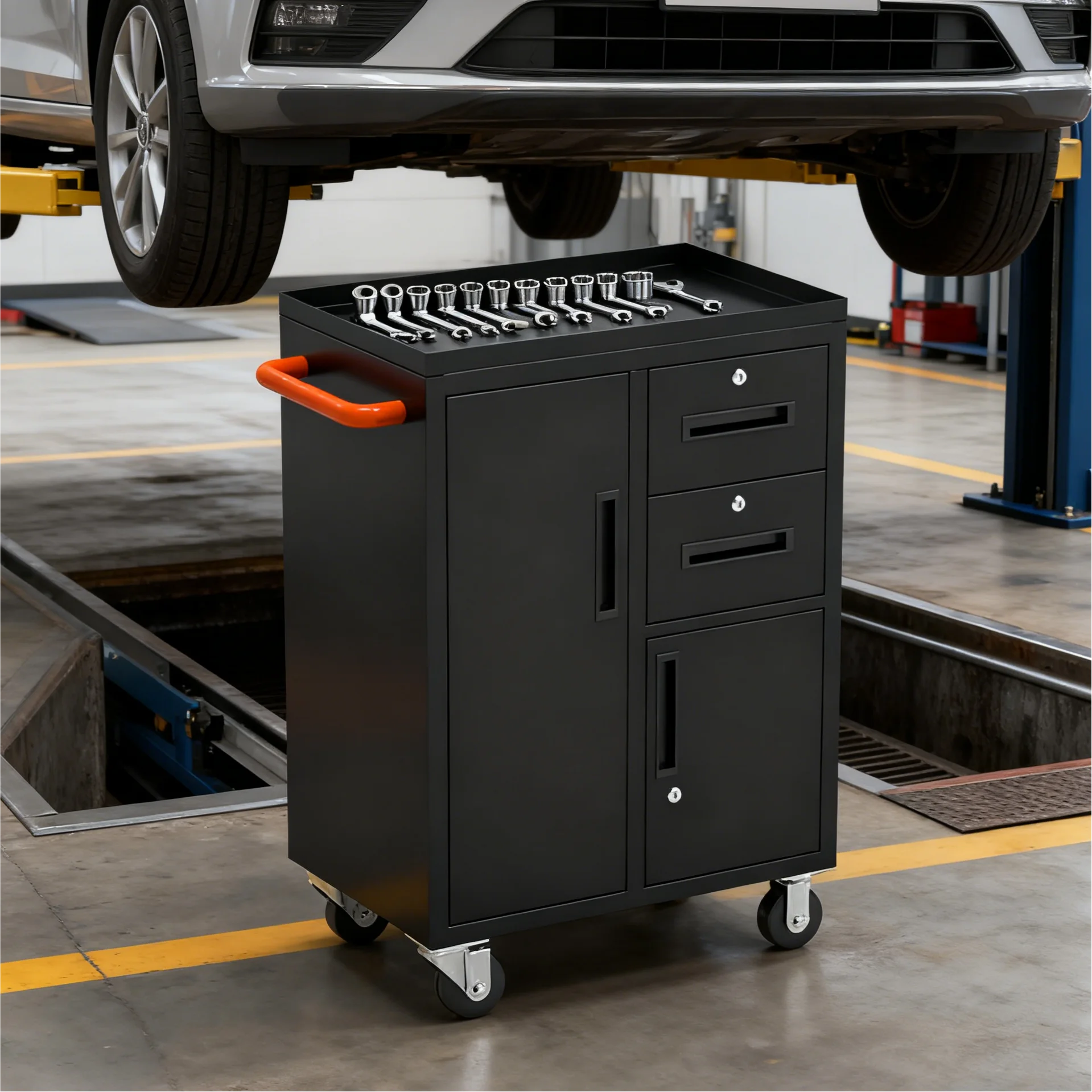 Multi-Purpose Movable Metal Storage Cabinet with 2 Doors and 2 Drawers for Tool and Garage Use