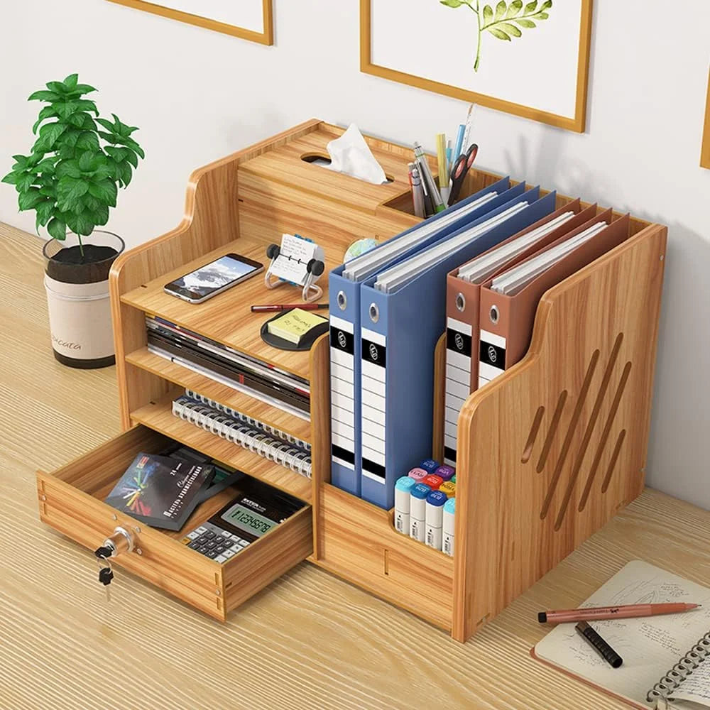 Wooden Desktop Organiser Workspace,DIY Desk Tidy Stationary Storage Cabinet Document Holder for Home Office Supplies