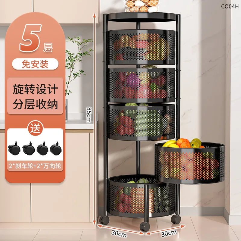 Modern Kitchen Storage Rack 5-Tier Metal Storage Tower Cart Organizer Rolling Wheels Removal Basket Fruit Vegetable Grocery