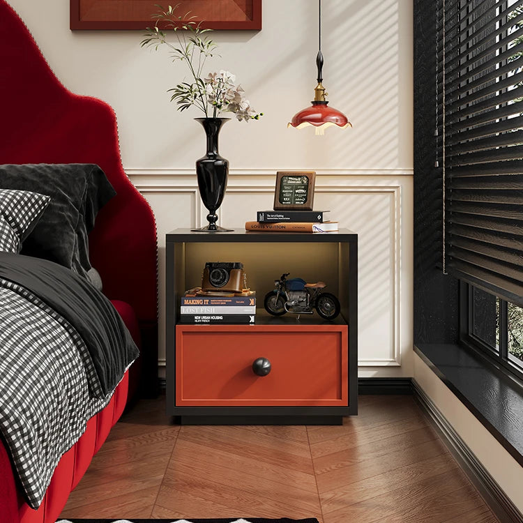 Minimalist Steel Bedside Table Simple Design Black Frame Wood Grain Panel