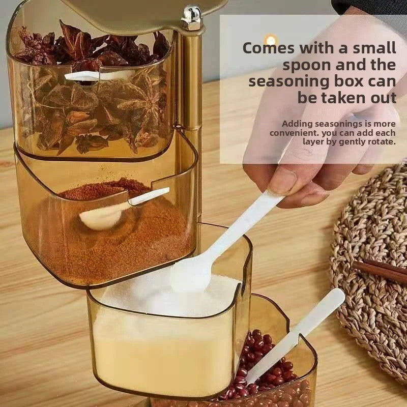 Quality Upgraded Multi-layer Rotating Plastic Spice Rack with Spoons Kitchen Condiment Storage Box Seasoning Organizer Container
