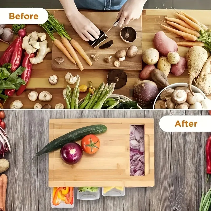 Multifunctional Bamboo Chopping Board With Built in Drawer Storage Containers and Grater Kitchen Cutting Board