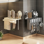 Multi-Functional No-Drill Wall-Mounted Metal Suction Cup Holder Chopstick Cage Knife Towel Storage Kitchen Wall Rack Organizer