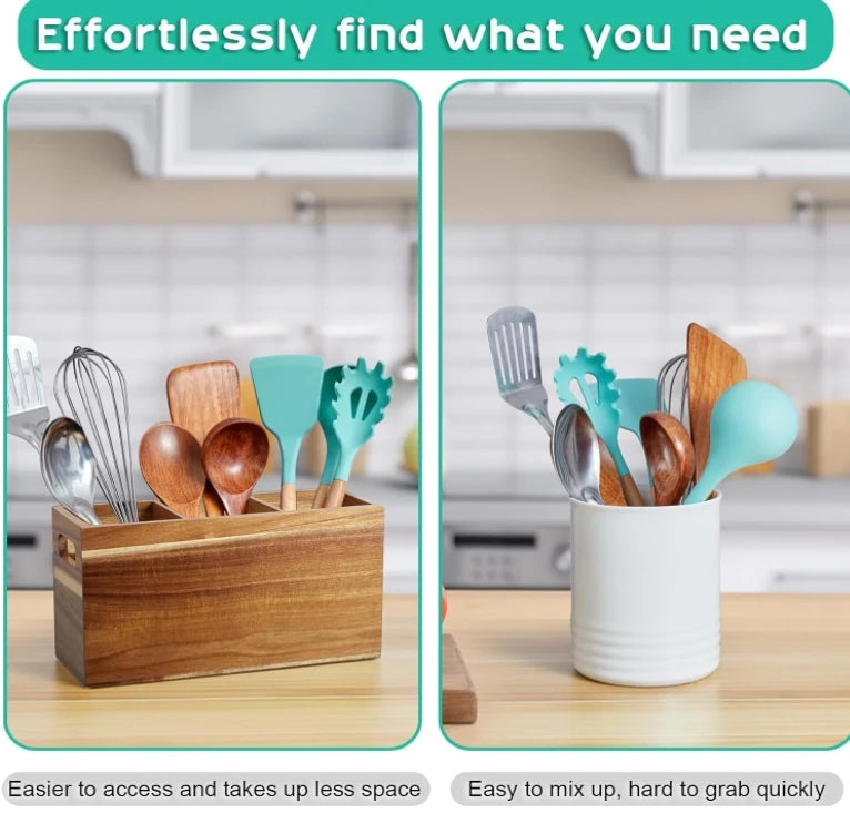 Rectangle Wooden Acacia Wood Handcrafted 3 Compartment Utensil Holder Silverware Organizer for Kitchen Counter Storage