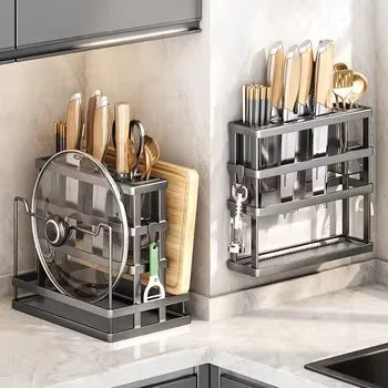 Multi-purpose Double Tier Wall-Mounted Kitchen Storage Cage Carbon Steel Knife & Cutting Board Rack Modern Multi-functional
