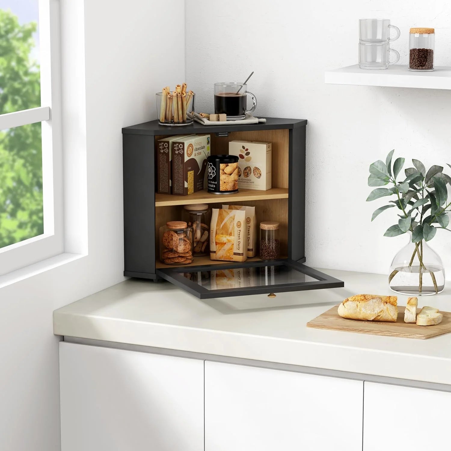 SINCERE Black Bamboo Double Layer Large Kitchen Organizer Wooden Corner Bread Box Countertop Cabinet PP Homemade Bread Storage