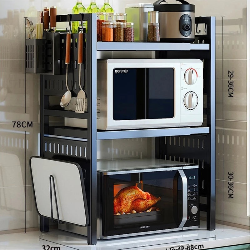 2 Tiers Multifunction Metal Kitchen Storage Stand Adjustable Microwave Oven Tray Containers for Home Organization