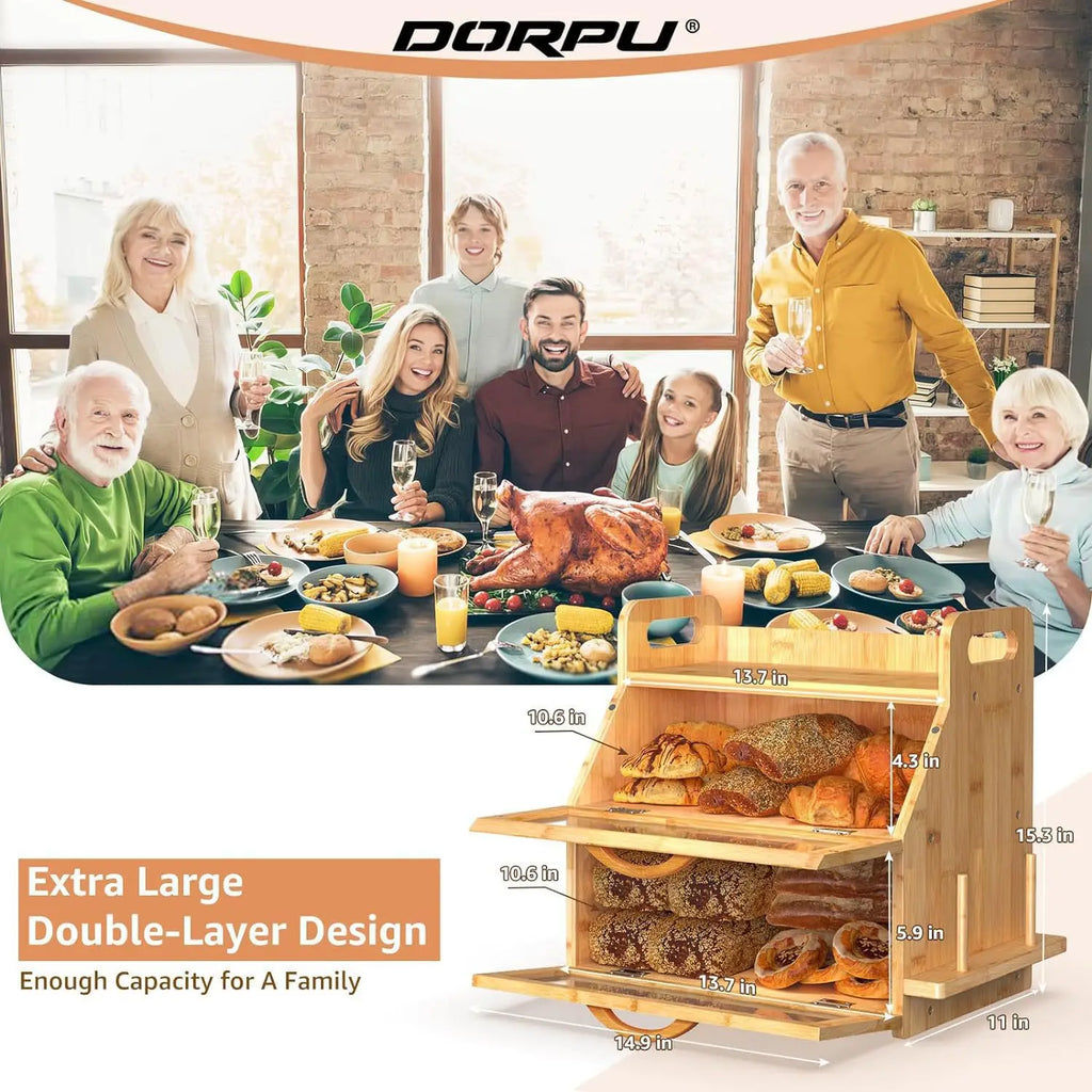 Modern Design Bamboo Bread Box with Adjustable Wooden Layers Acrylic Glass Storage Drawer for Kitchen Food Storage