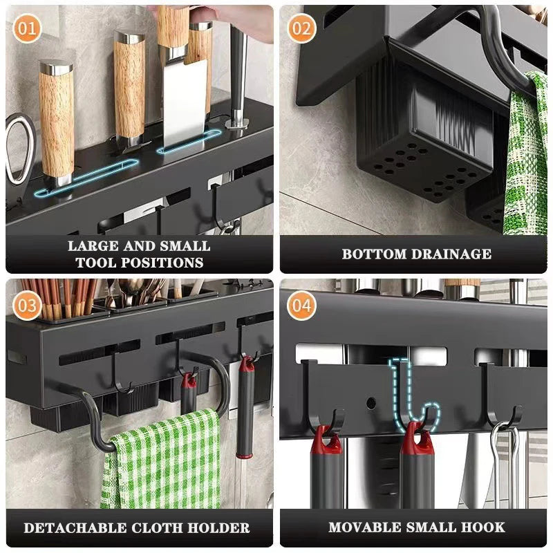 Kitchen Organizers Shelf Carbon Steel Knife Storage Rack Wall Mounted Spice Rack Chopstick Utensils Holder