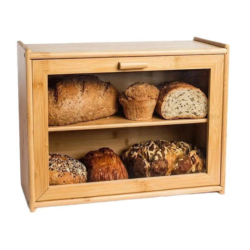In Stock Modern Eco-friendly Bamboo Double Layer Square Bread Box with Transparent Glass Lid for Kitchen Condiment Storage