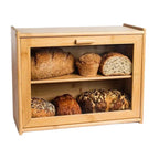 In Stock Modern Eco-friendly Bamboo Double Layer Square Bread Box with Transparent Glass Lid for Kitchen Condiment Storage