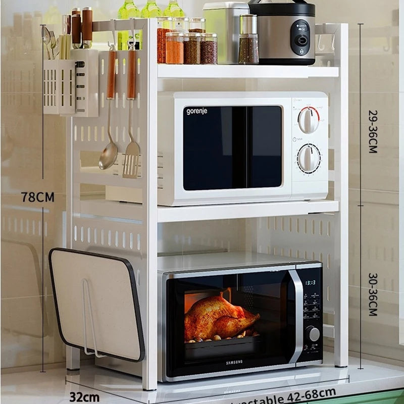 2 Tiers Multifunction Metal Kitchen Storage Stand Adjustable Microwave Oven Tray Containers for Home Organization