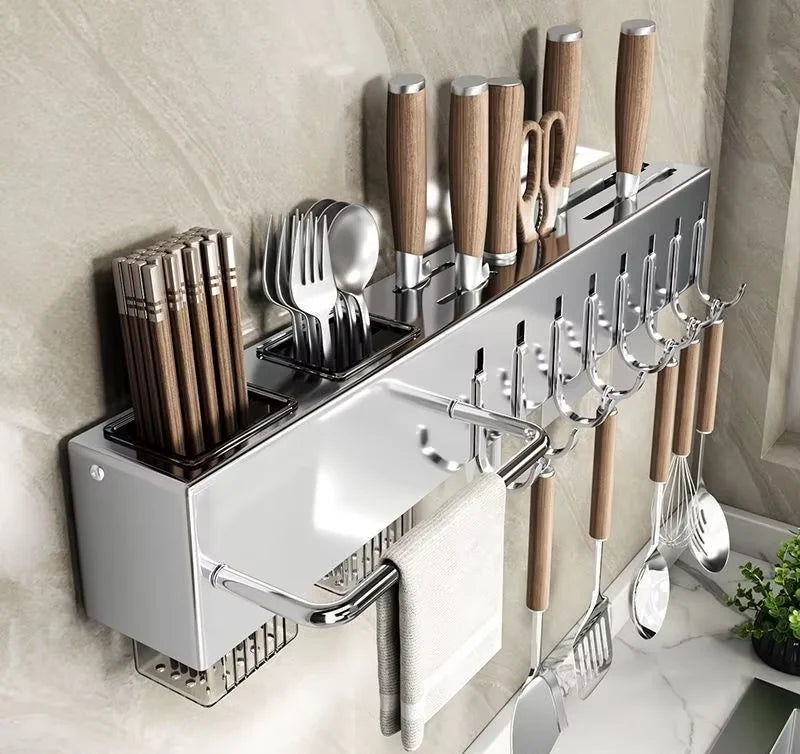 Wholesale Multi-Functional Stainless Steel Wall-Mounted Knife Chopstick Holder No-Drill Kitchen Utensil Storage Rack