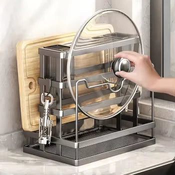 Multi-purpose Double Tier Wall-Mounted Kitchen Storage Cage Carbon Steel Knife & Cutting Board Rack Modern Multi-functional