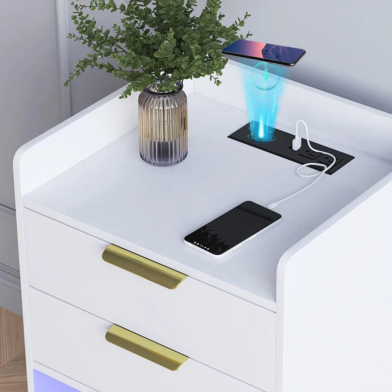 High Quality Slim Wooden Nightstand with LED Charging Station Unique Multifunctional Bedside Table for Bedroom or Home