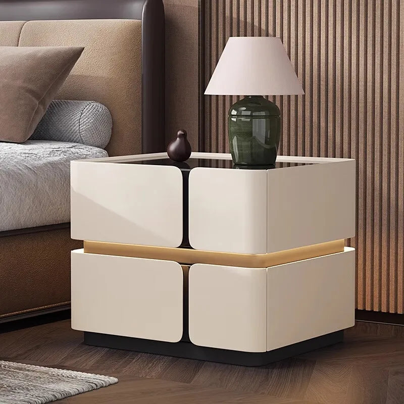 Light Luxury Modern Solid Wood Smart Floating High-End Nightstand Bedside Table Ready-to-Use Wireless Charging LED Light Bedroom