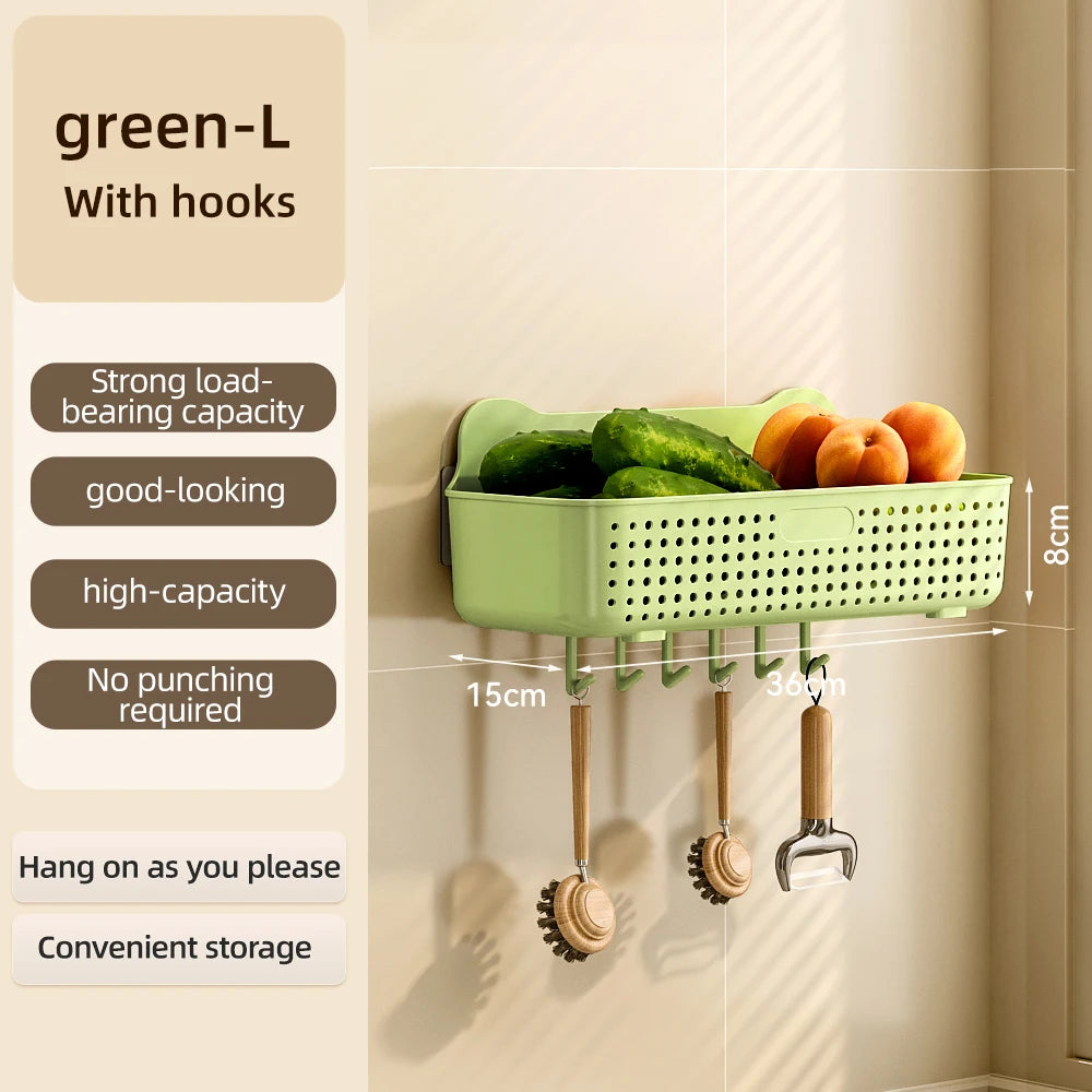 CHENGYAN Wall Hanging Storage Basket for Kitchen Pilastic Organizer with 4/6 Hooks Storage Container Spice Racks (White/Green/)