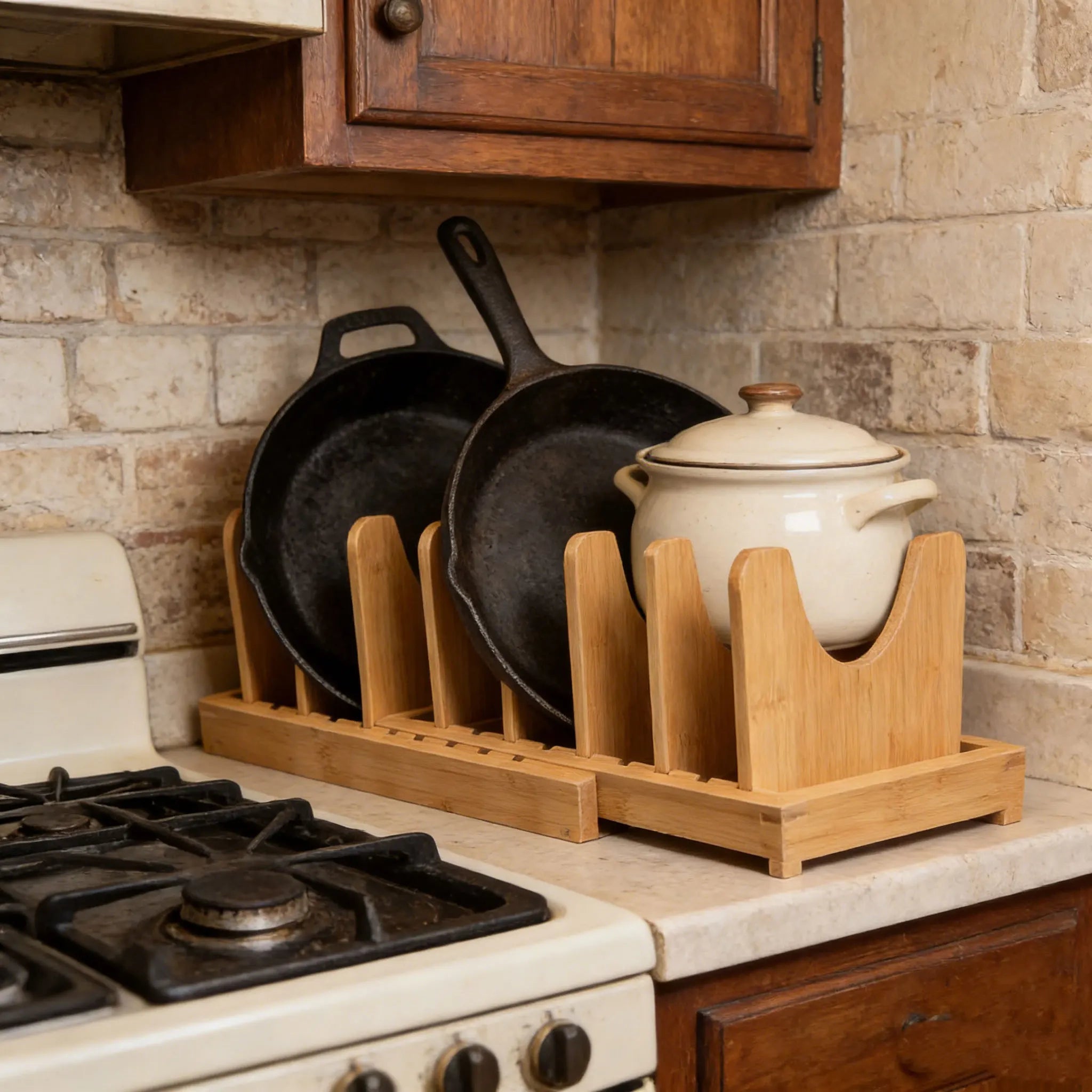 Bamboo Expandable Bakeware Pots and Pans Organizer Under Cabinet Organizers Adjustable Pot Lids Holder Rack for Kitchen Storage