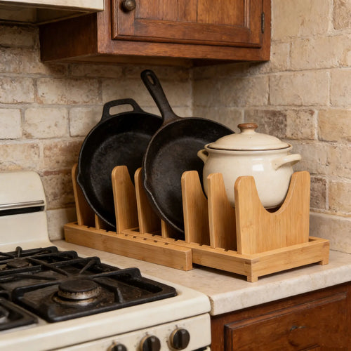 Bamboo Expandable Bakeware Pots and Pans Organizer Under Cabinet Organizers Adjustable Pot Lids Holder Rack for Kitchen Storage