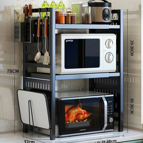 2 Tiers Multifunction Metal Kitchen Storage Stand Adjustable Microwave Oven Tray Containers for Home Organization