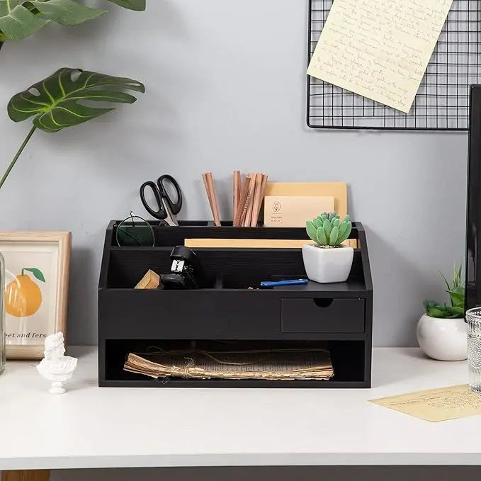 Wooden Rectangular Stackable Desktop Drawer Storage Box with File Organizer Pen Holder Office Decoration Set for Office Bedroom