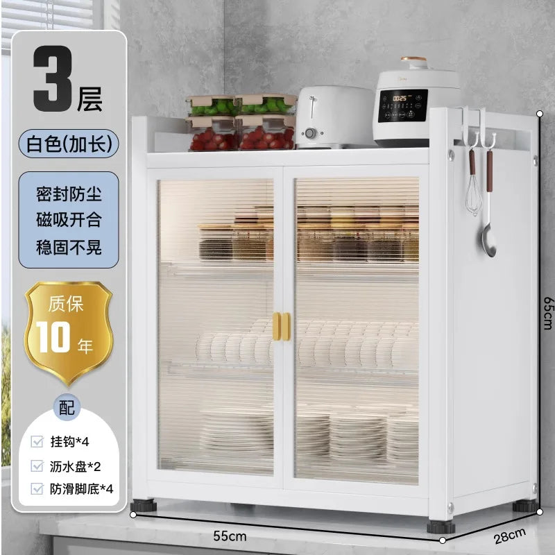Three Layer Large Capacity Kitchen Steel Storage Holders Storage Shelf Dustproof Kitchen Storage Cabinet With Doors