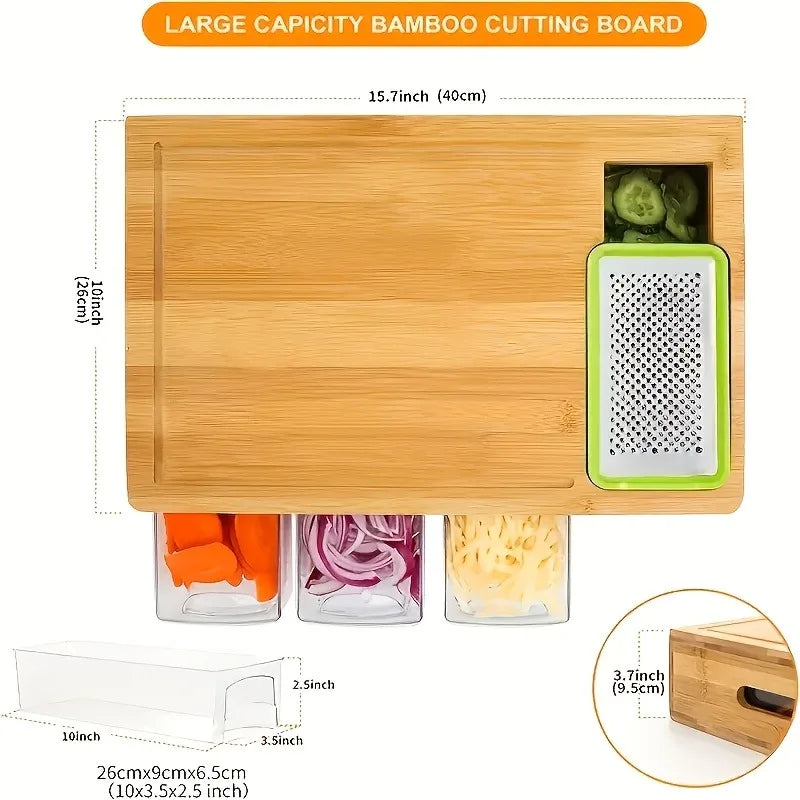 Multifunctional Bamboo Chopping Board With Built in Drawer Storage Containers and Grater Kitchen Cutting Board