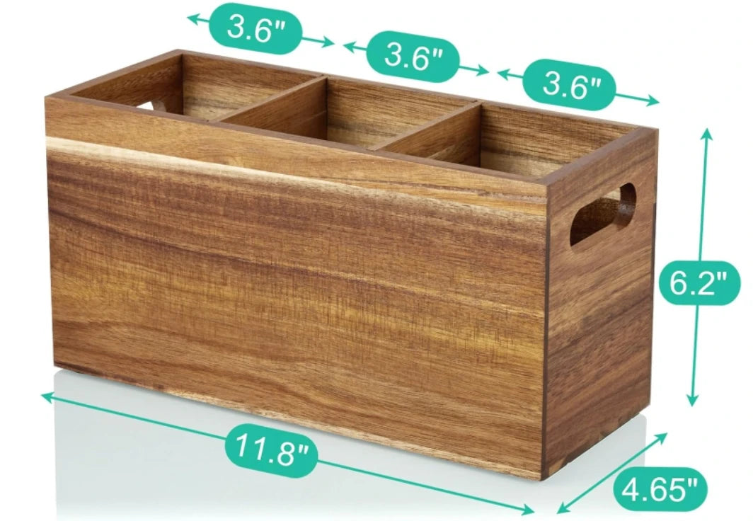 Rectangle Wooden Acacia Wood Handcrafted 3 Compartment Utensil Holder Silverware Organizer for Kitchen Counter Storage